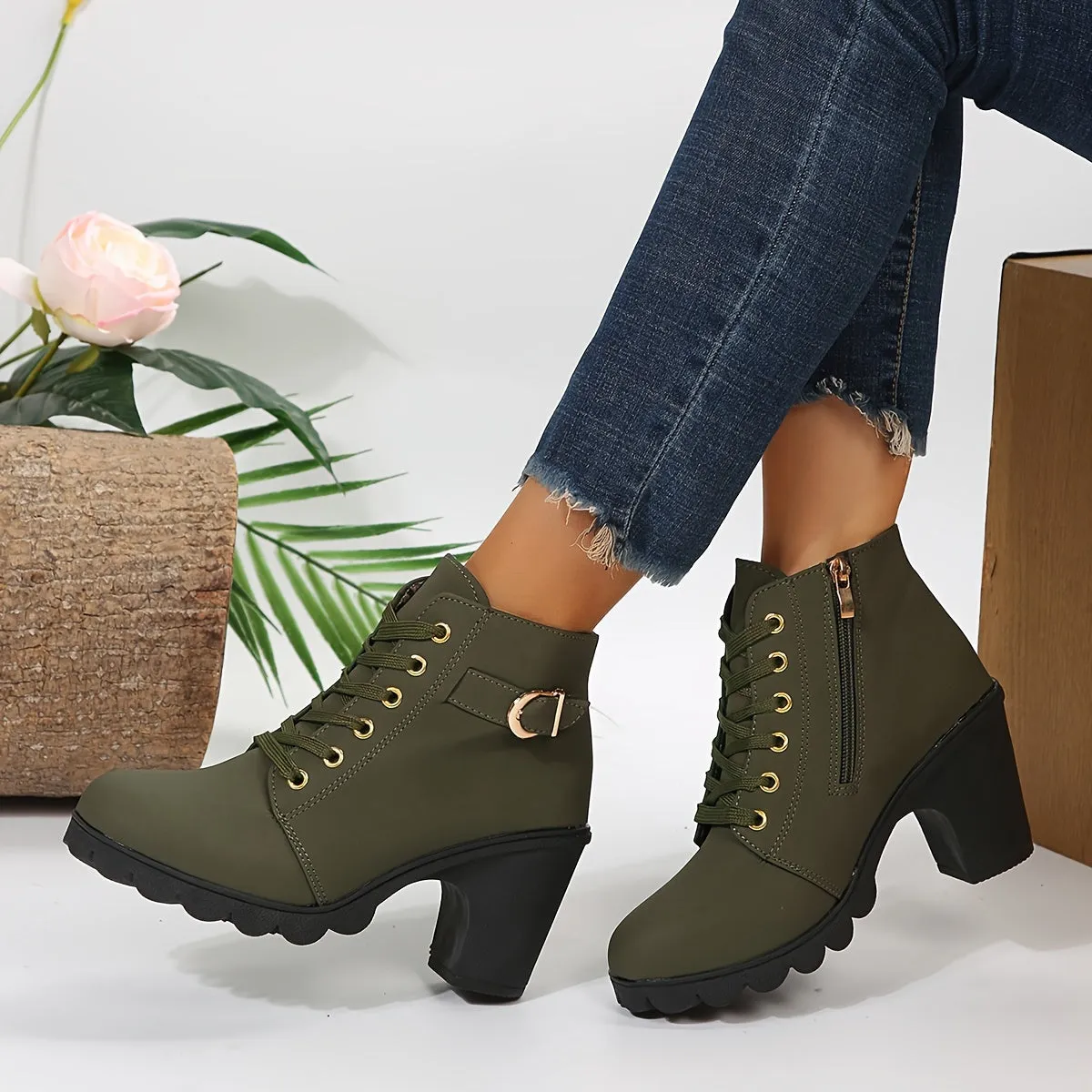 Women's Chunky Heel Short Boots, Fashion Lace Up Side Zipper Boots, Comfortable Ankle Boots