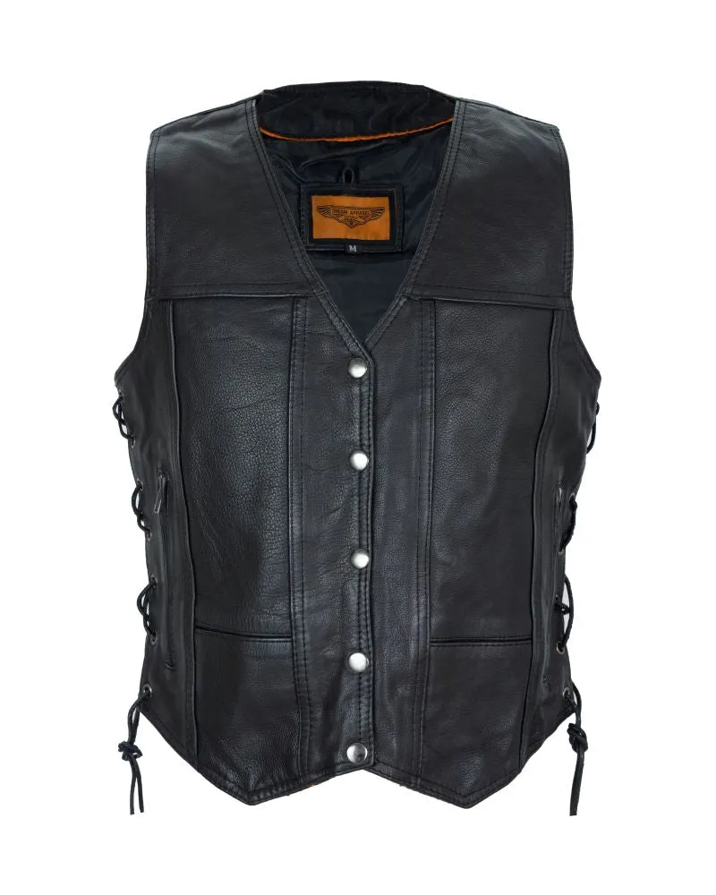 Womens Leather Motorcycle Vest With Concealed Carry Pockets & Side Laces