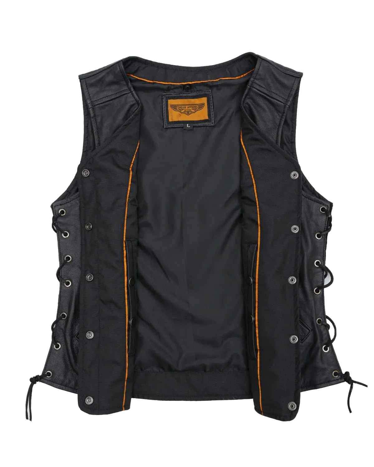 Womens Leather Vest With Concealed Carry & Side Laces 5-snaps on front