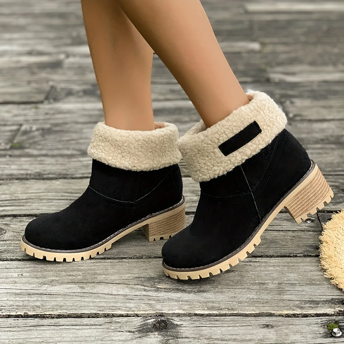 Women's Warm Plush Lined Boots, Chunky Heeled Ankle Boots, Classic & Comfortable Chelsea Boots