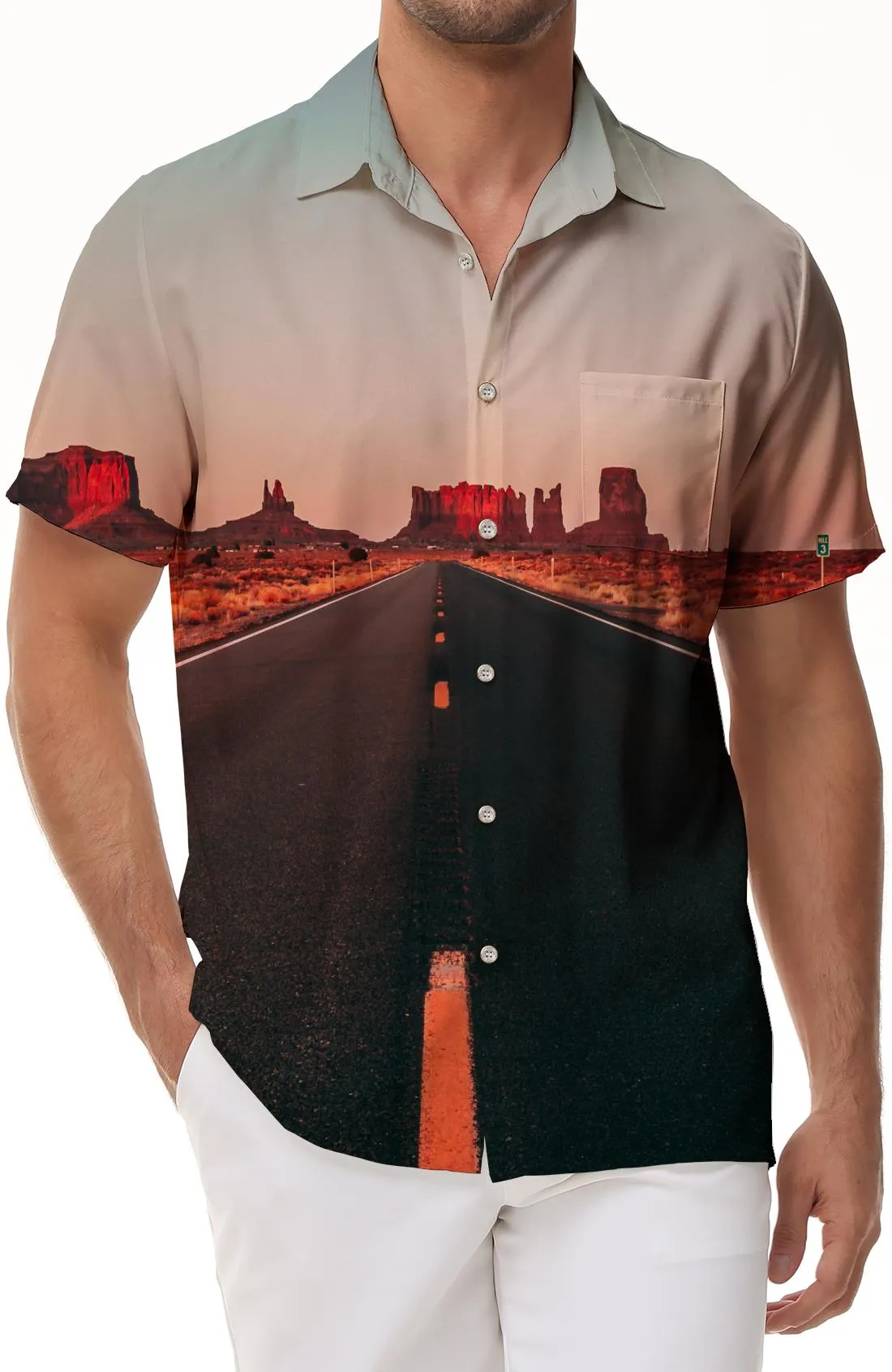 Xinjiang Nature High Speed Fun Men's Casual Short Sleeve Loose Shirt Landscape Hawaiian Button Pocket Lapel Personalized Short Sleeve Shirt Top